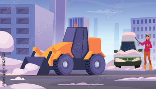Snow removal. seasonal winter urban landscape. vector city landscape with municipal transport for snow removing