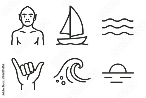 Sea Wander Icons. Line style icons of Sea Wander Sail: creature figure, upright sail, calm ocean, fin gesture, foam trail, open