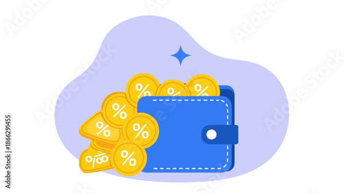 Coins with percentage symbols emerging from a blue wallet on a purple background