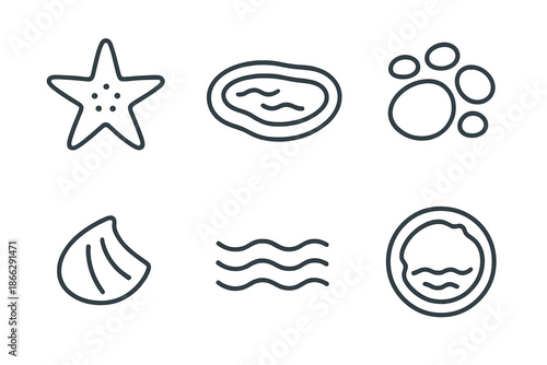 Tidal Star Icons. Line style icons of Tidal Star Form: sea star outline, shallow pool, pebble patch, shell bit, soft waves,