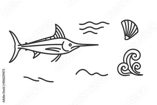 Deepwater Bill Runner Icons. Line style icons of Deepwater Bill Runner: swift fish form, long rostrum, sea lanes, fin detail,