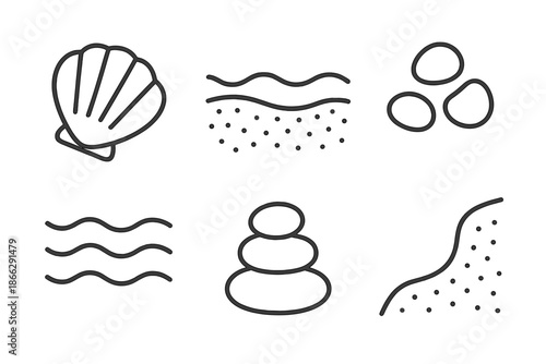 Shore Shell Icons. Line style icons of Shore Shell Conceal: curved shell, sand layer, tiny grit, smooth stones, ripple marks,