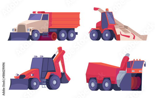 Snow cleaning transport. Seasonal urban vehicles for snow removing exact vector professional specific machinery