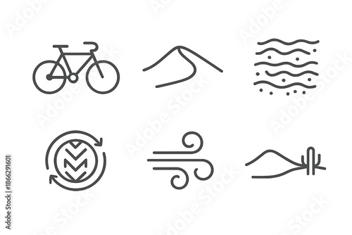 Dune Drift Icons. Line style icons of Dune Drift Cycle: bike profile, soft dune rise, sand texture, rotating tread, wind patterns,