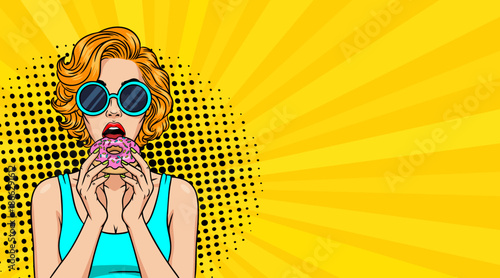 A beautiful girl with glasses eats a cake, pop art illustration