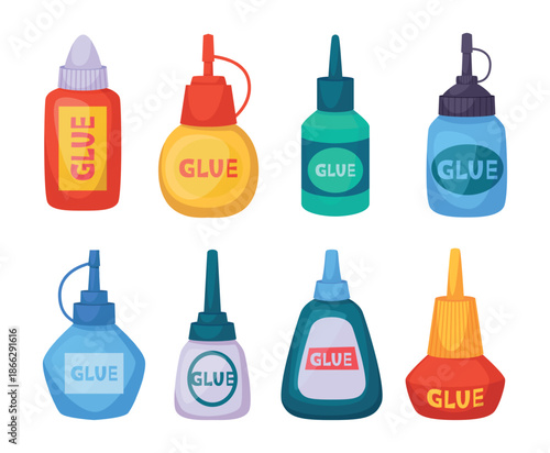 Glue bottles. Plastic containers for glue exact vector stationary tools for office supply