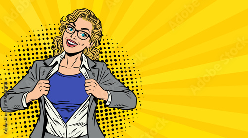 A beautiful superhero girl takes off her jacket, pop art illustration