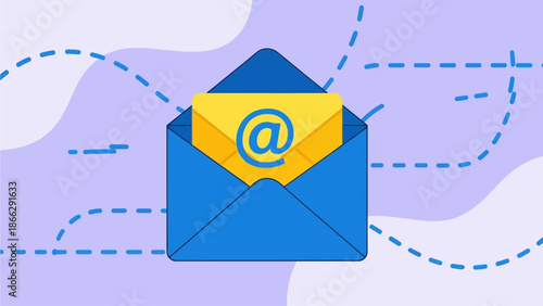 Email envelope with email symbol on yellow background surrounded by blue dashed lines on purple