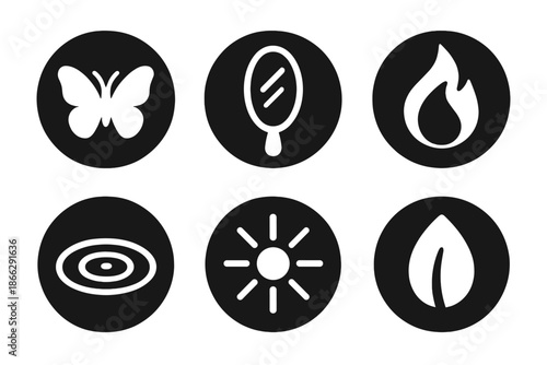 Metamorphosis Symbols. Solid style round vector icons of metamorphosis and purity: butterfly, mirror, flame, water ripple, light