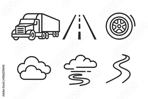 Longhaul Road Icons. Line style icons of Longhaul Road Scene: heavy rig outline, extended highway, distant edge, rotating wheel,