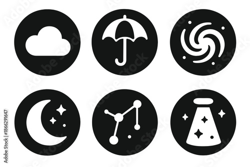 Dreamlike Cosmos Icons. Solid style round vector icons of dreamlike cosmos: cloud, umbrella, galaxy, moon, constellation, beam No