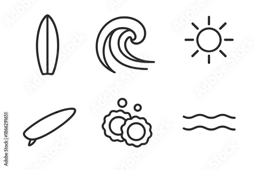 Sunlit Wave Icons. Line style icons of Sunlit Wave Ride: board outline, curling tube, bright sun, rail edge, foam rings, sea trace