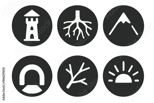 Depth and Elevation Icons. Solid style round vector icons of depth and elevation: tower, roots, mountain peak, tunnel, branch, sun