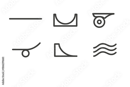Skate Flow Icons. Line style icons of Skate Flow Curve: deck profile, bowl edge, wheel arc, tail lift, ramp contour, air ripple.
