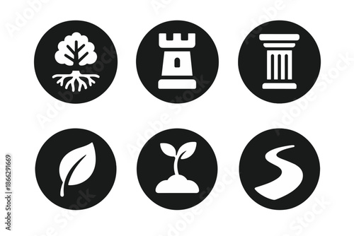 Icons of Stability. Solid style round vector icons of stability and growth: tree roots, tower, pillar, leaf, seed, path No text,