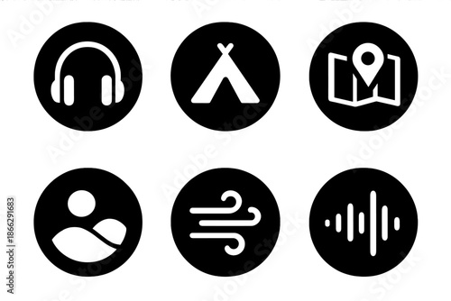 Travel Sound Icons. Solid style round vector icons of travel and sound: headphones, tent, map, soundwave, hill, breeze No text, No