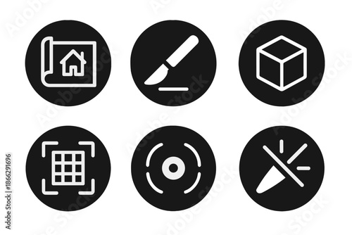Future Planning Icons. Solid style round vector icons of future planning: blueprint, scalpel, 3D model, scan grid, focus lens,
