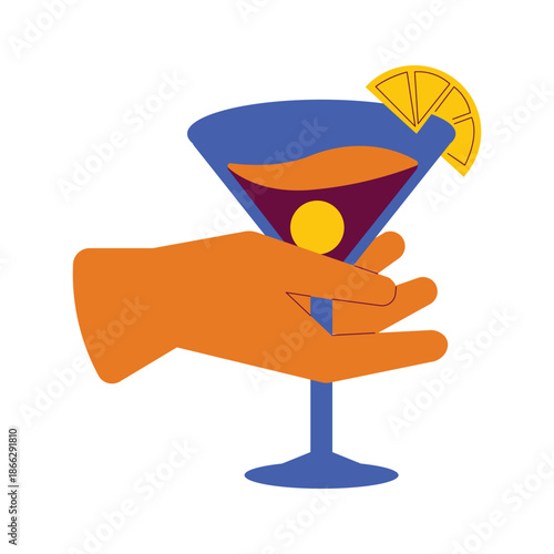 Hand holding a cocktail glass with a drink and lemon slice.