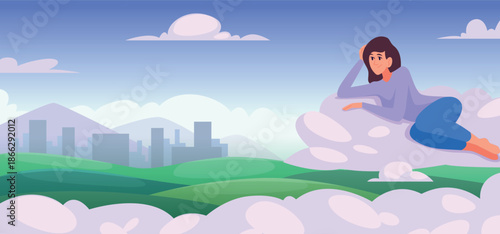 Characters on clouds. Dreaming people relaxing and spend time on clouds exact vector cartoon background