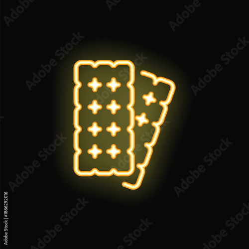Bright yellow neon sign showing two chocolate chip cookies on black background