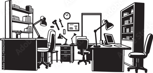 Office Workspace with Desks and Furniture