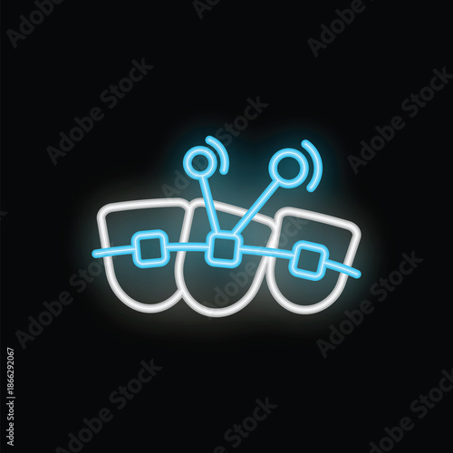 Glowing neon icon of dental braces, symbolizing orthodontic treatment and teeth straightening