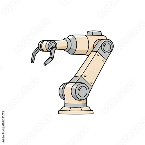 Stylized beige industrial robot arm illustration featuring articulated joints and a versatile gripper, symbolizing automation, technological advancement, and modern manufacturing processes