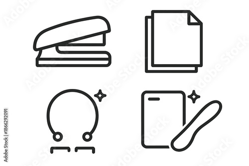 Stapler Line Art Icons. Line style icons of Stapler Paper Bind: stapler silhouette, stacked paper, binding arc, staple line, grip