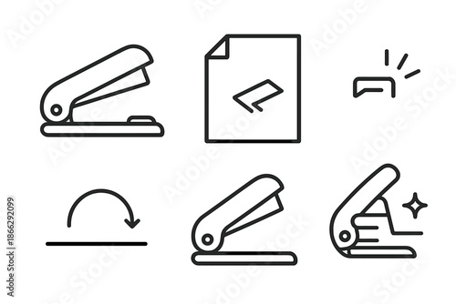 Line Style Stapler Icons. Line style icons of Sheetbind Stapler: angled stapler, clipped pages, staple mark, press arc, grip