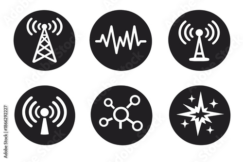 Radio Technology Icons. Solid style round vector icons of radio technology: tower, waveform, antenna, broadcast wave, connection