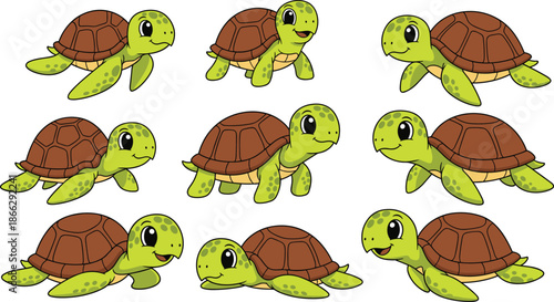 Cartoon turtle illustration, cute animal, green shell, expressive pose, children’s design, character art, educational, playful, smiling turtle, vector, isolated