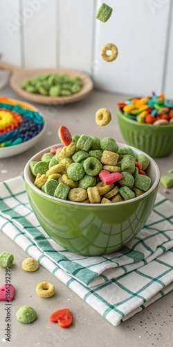 Cereal Variety: A vibrant and colorful assortment of cereal pieces cascade into a green bowl, surrounded by additional bowls filled with other cereal types and a wooden spoon.