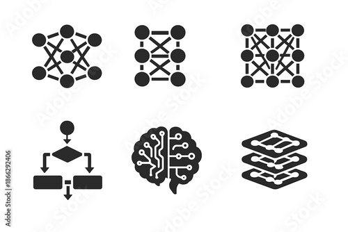 AI Icon Illustrations. Solid style icons of AI modeling: neural network, data nodes, connection grid, algorithm flow, brain