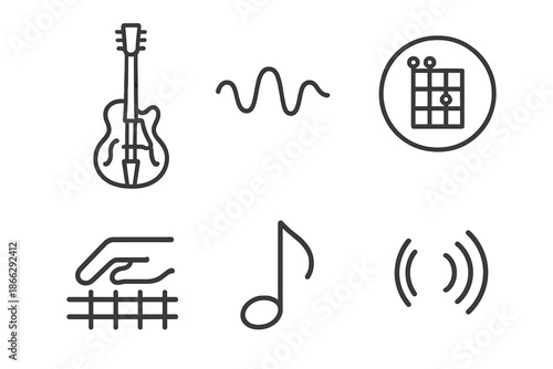 Guitar Harmony Icons. Melodic guitar harmony: Line style icons of hollow-body guitar, harmonic waves, chord ring, finger position,