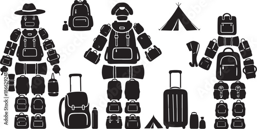 Travel and adventure luggage icons and accessories