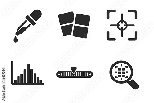Visual Calibration Icons. Solid style icons of visual calibration: eyedropper, color patch, frame aligner, histogram, hue slider,