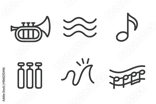 Jazz Instrument Icons. Jazz horn expression: Line style icons of jazz trumpet, curved waves, swing note, valve trio, sound crest,