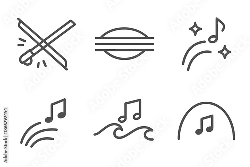 Melodic Bow Movement. Melodic bow movement: Line style icons of moving bow, stretched strings, melody sparks, harmony crest, tone