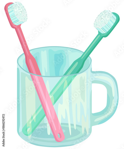 二本の歯ブラシと透明なコップのイラスト ベクター素材