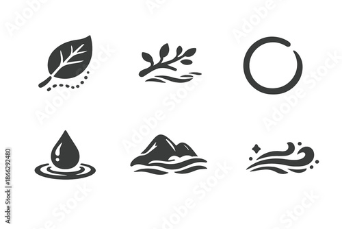 Nature's Calm Icons. Solid style icons of thoughtful nature: leaf trace, floating twig, calm droplet, open circle, misty hill,