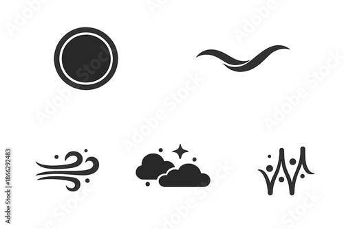 Visual Purity Icons. Solid style icons of visual purity: framed circle, smooth curve, drifting air, open space, subtle flow, clear