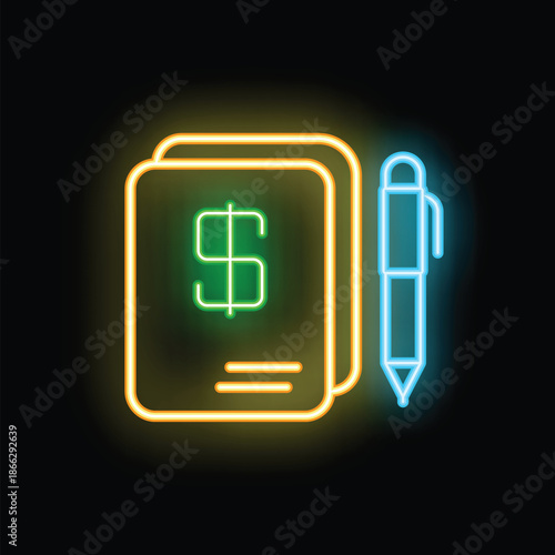 Neon sign is glowing in the dark, showing a document with a dollar sign on it and a pen next to it