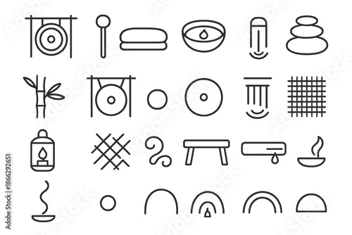 Harmonic Stillness Icons. Line style icons of Harmonic Stillness Session: round gong, padded striker, deep cushion, ember dish,