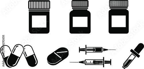 Comprehensive Set of Medical Icons Featuring Pill Bottles, Capsules, Tablets, Syringes, and Droppers for Healthcare Design, Pharmaceutical Science, and Pharmacy Industry Graphics