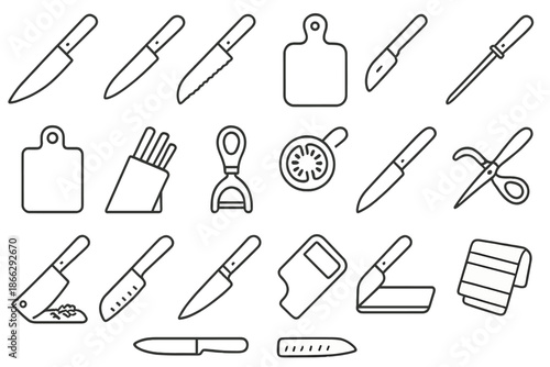 Knife Icon Collection. Line style icons of Kitchen Knife Sharp: chef knife, paring knife, bread knife, sharpening steel, cutting
