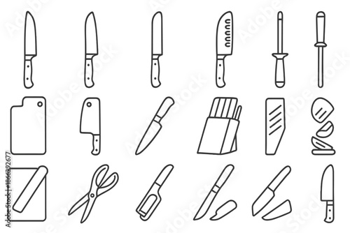 Kitchen Knife Icons. Line style icons of Kitchen Cutting Gear: chef knife, paring knife, bread knife, santoku knife, carving knife