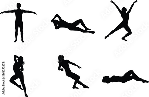 Human silhouette poses, dynamic movement, dance gesture, fitness form, black figure, white background, body language, anatomy study, expressive motion, artistic reference