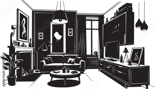 Modern living room interior with black and white decor