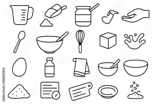 Home Baking Icons. Line style icons of Home Baking Tools: measuring cup, flour scoop, sugar jar, liquid pour, hand hold, spoon,