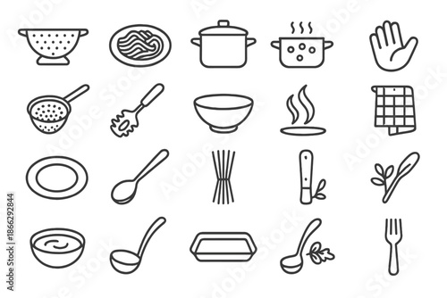 Pasta Prep Icons. Line style icons of Pasta Prep Tools: colander, cooked pasta, pot, boiling water, hand grip, strainer holes,